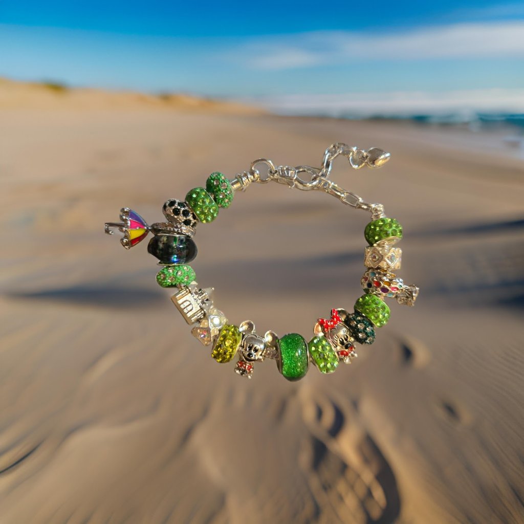 Disney Beach In Green Beads Charm Bracelet~ 7 In Plus Chain